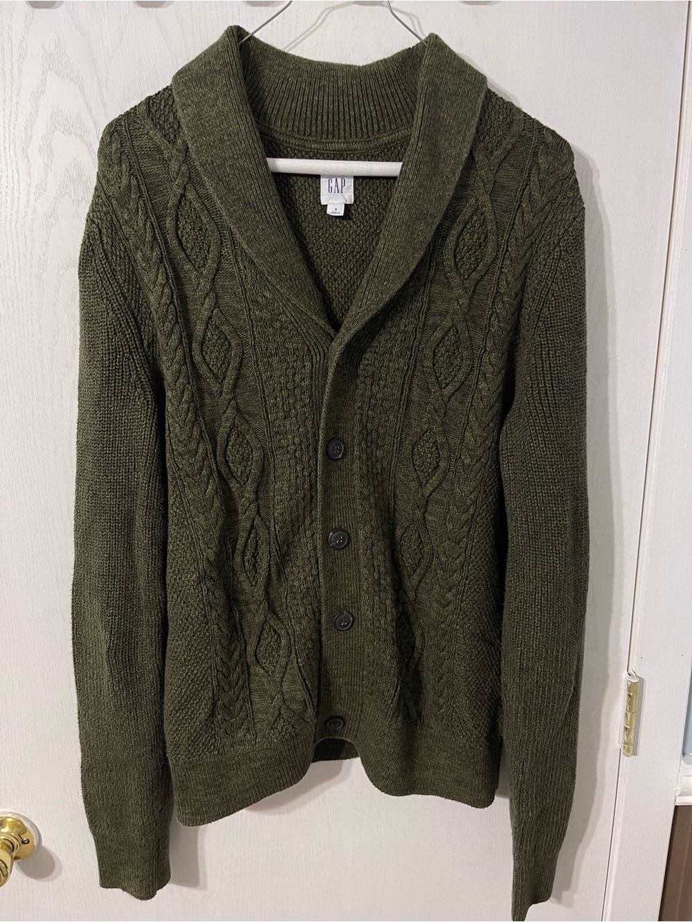 GAP Men's Olive Green Shawl Collar Cable Cardigan